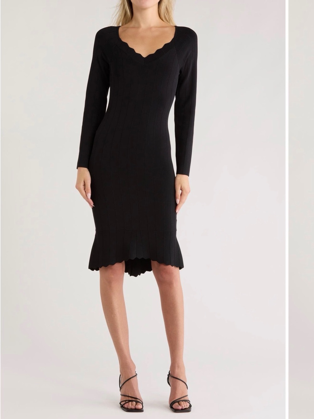 L'AGENCE Black Scallop-Edge V-Neck Long Sleeve Knit Dress
